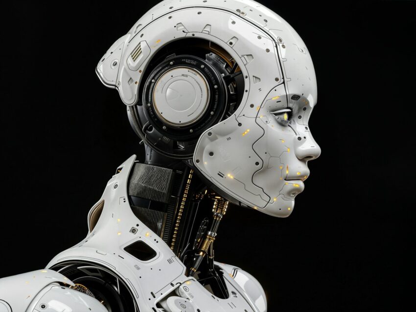A white robot is standing in front of a black background